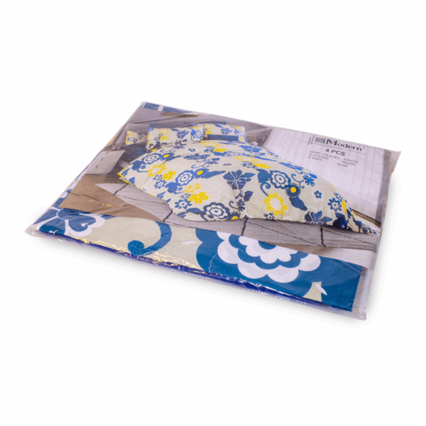 Parure de lit 4 pièces 2 places motif 1 bleu et jaune