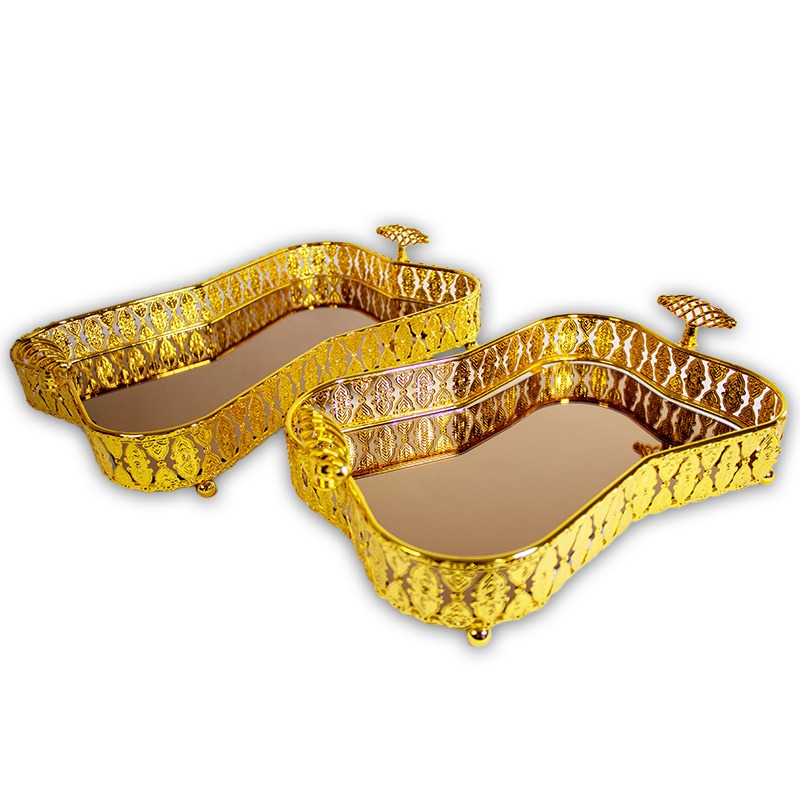 Série de 2 Plateaux Dorés en métal et verre