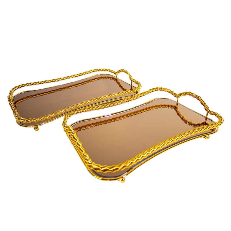 Série de 2 Plateaux Dorés en métal et verre Motif 2