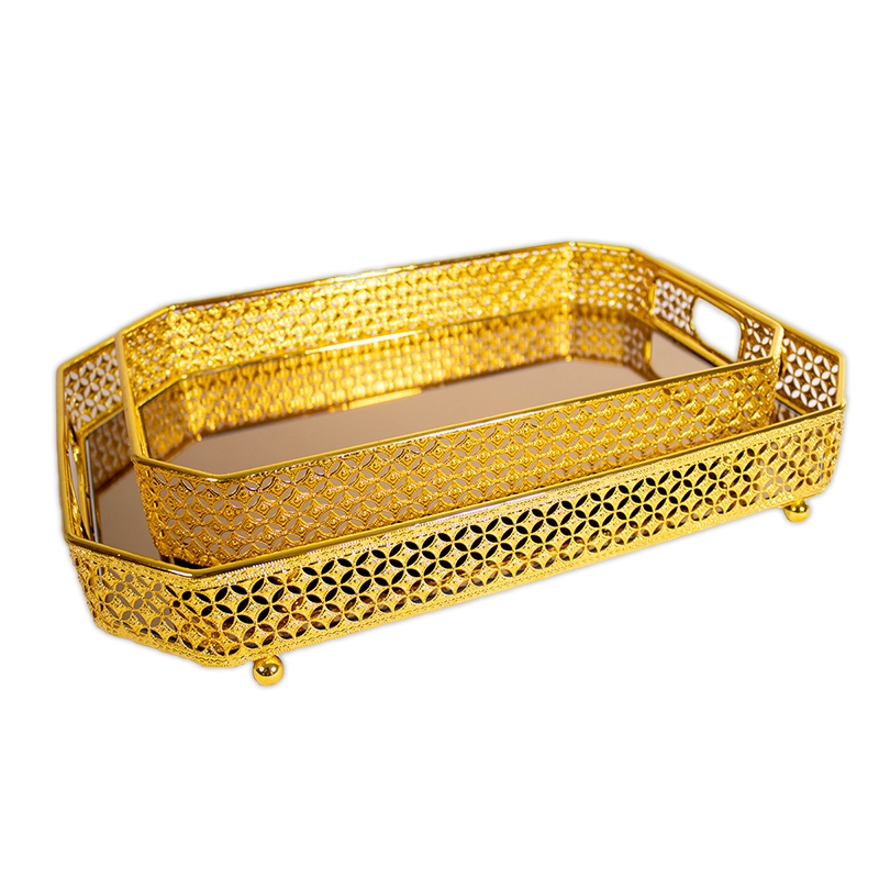 Série de 2 Plateaux Dorés en métal et verre Motif 3 – Image 2