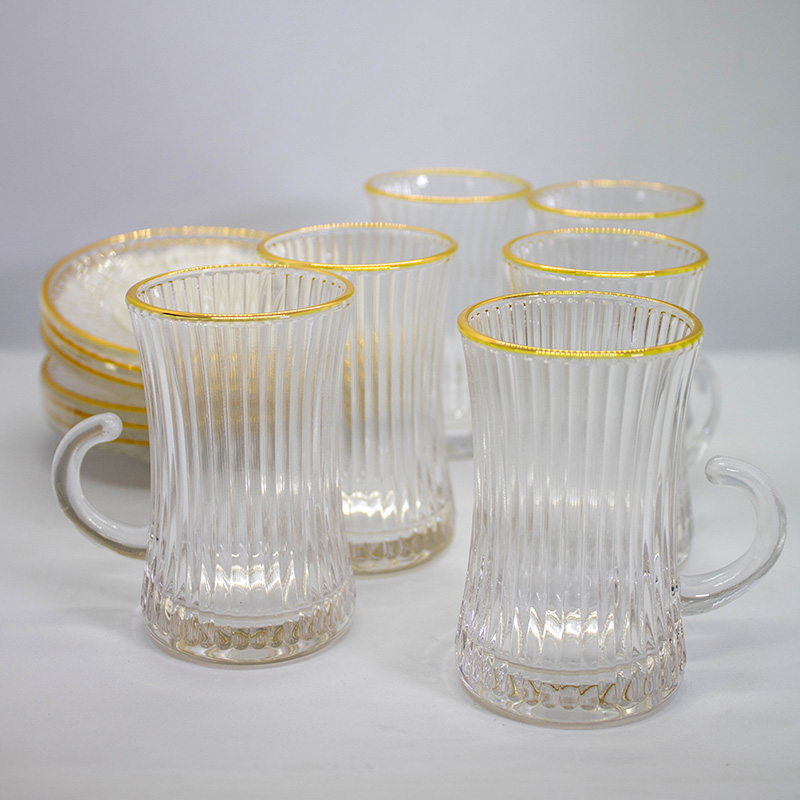 Coffret 12 Pièces de Thé – 6 Tasses & 6 Sous-Tasses – Motif Doré