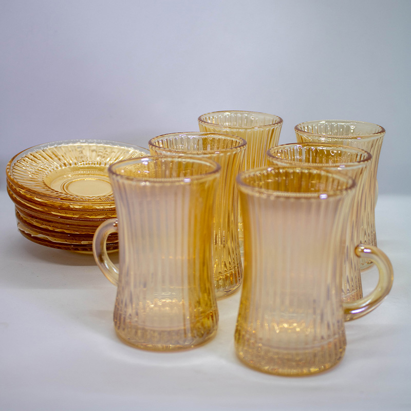 Coffret 12 Pièces de Thé – 6 Tasses & 6 Sous-Tasses – Motif Ambre